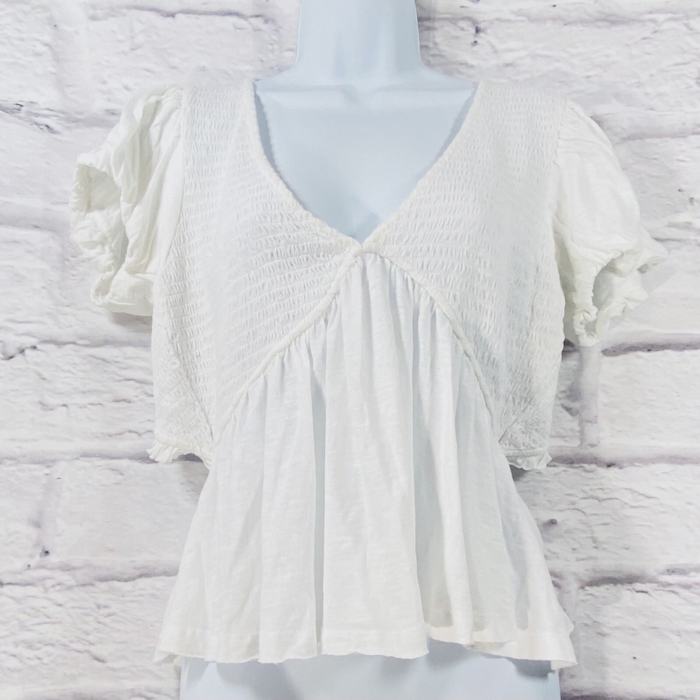 Free People Top Women's Large White Open Tie Back Ruched Cap‎ Sleeves NWOT